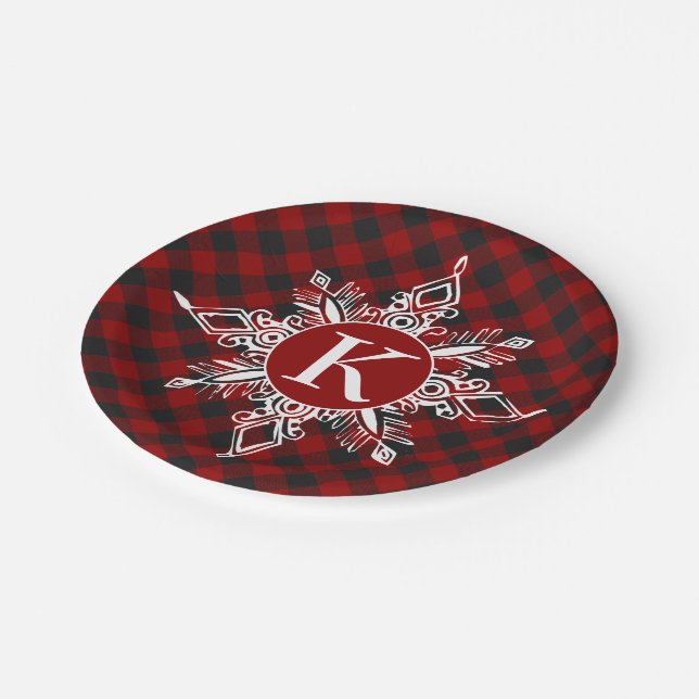 Monogram snowflake on plaid  paper plate (Angled)