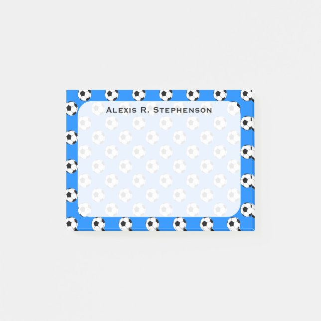 Monogram Soccer Futbol Balls on Azure Blue Post-it Notes (Front)
