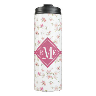 Monogram   Soft Pink Watercolor Flower Pattern Thermal Tumbler