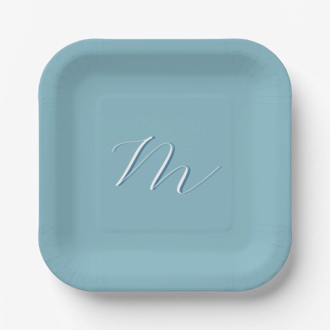 Monogram Solid Blue Pastel Minimalist Professional Paper Plate (Front)
