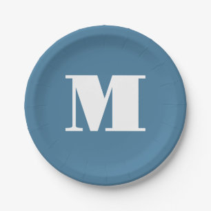 Monogram Solid Blue Pastel Minimalist Professional Paper Plate