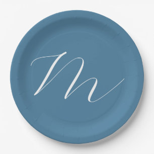 Monogram Solid Blue Pastel Minimalist Professional Paper Plate