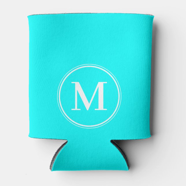 Monogram Solid Electric Retro Cyan Colour  Can Cooler (Front)