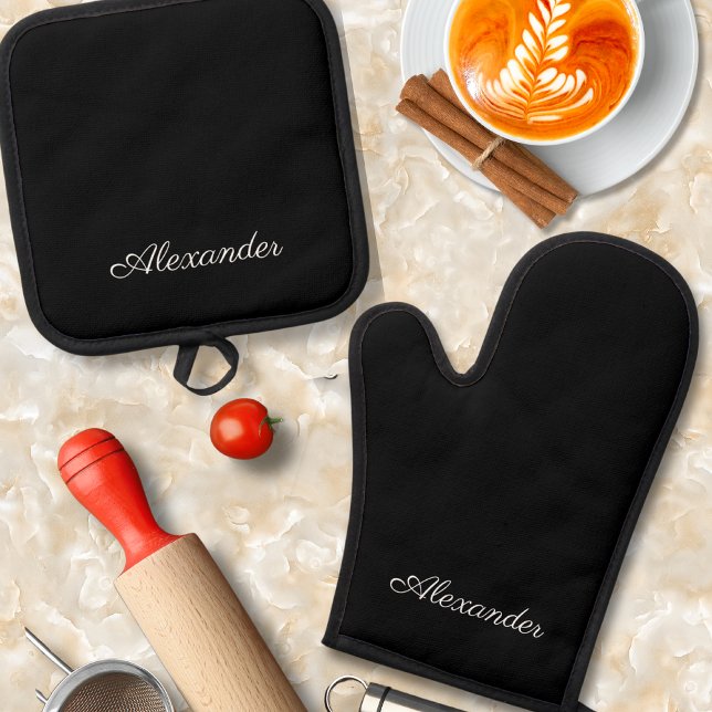 Monogram Solid Plain Black template White Script  Oven Mitt & Pot Holder Set (Creator Uploaded)