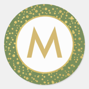 Monogram Sparkly Gold, Green & White Christmas Classic Round Sticker