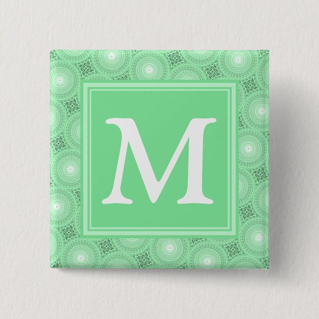 Monogram spring green circles pattern 15 cm square badge (Front)
