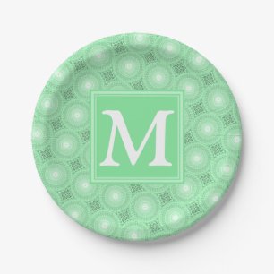 Monogram spring green circles pattern paper plate