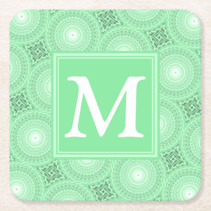 Monogram spring green circles pattern square paper coaster