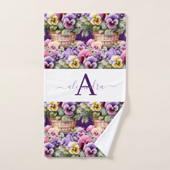 Monogram Spring Pansy Pansies Towel Set (Hand Towel)