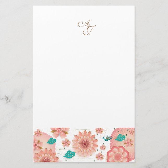 Monogram Spring Peach Flowers Garden Decor Custom Stationery (Front)