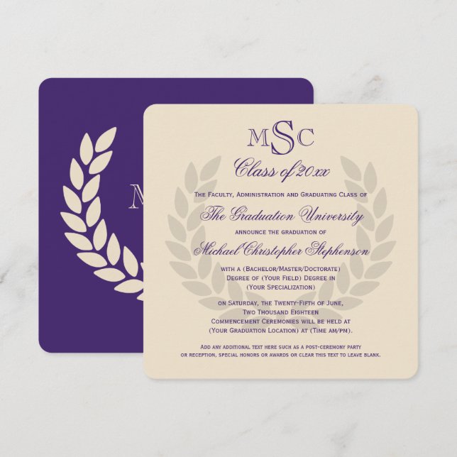 Monogram Square Classic Purple College Graduation Invitation (Front/Back)