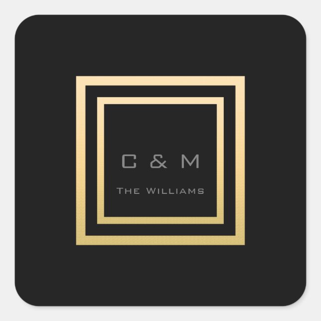 Monogram Square Gold Frame Minimalism VIP Wedding Square Sticker (Front)