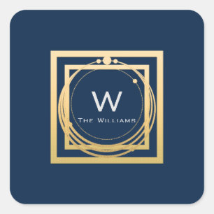Monogram Square Golden  Frame Minimal Blue Square Sticker