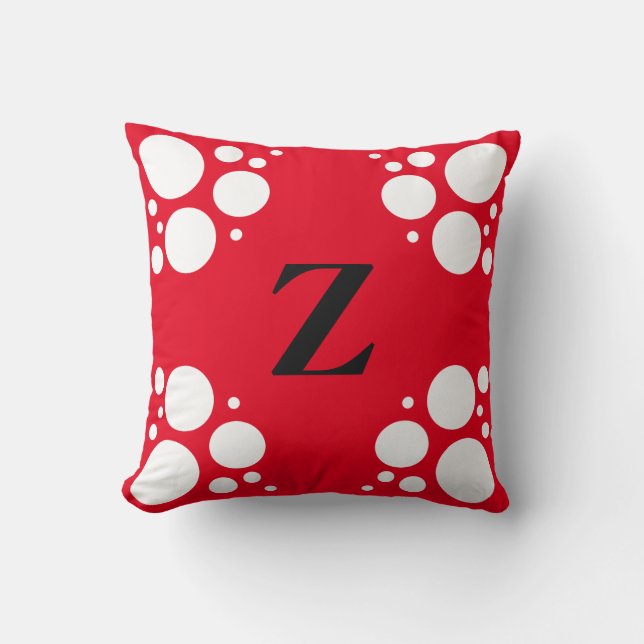 Monogram square pillow, polka dot black red cushion (Front)