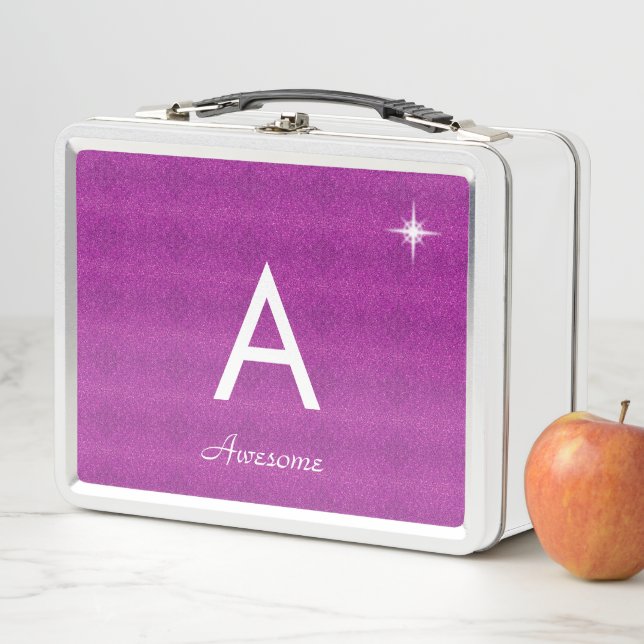 Monogram & star on glitter royal purple metal lunch box (In Situ)