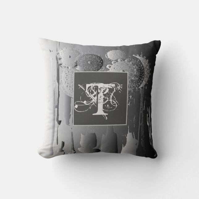 Monogram Steampunk Gradiant Grey w/Mandala Flowers Cushion (Front)
