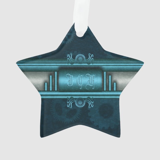 Monogram, Steampunked Deco on ice-blue and teal Ornament (Back)