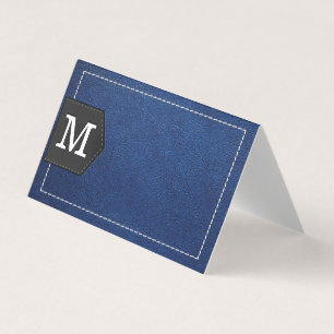 Monogram Stitched Blue Leather and Patch Business Card