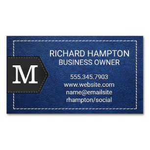 Monogram   Stitched Blue Leather and Patch Magnetic Business Card