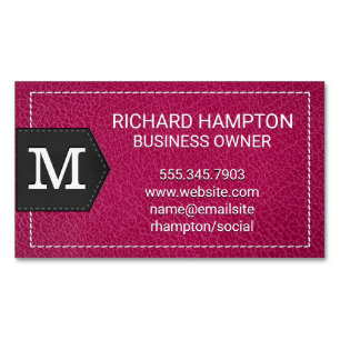 Monogram Stitched Pink Leather and Patch Magnetic Business Card