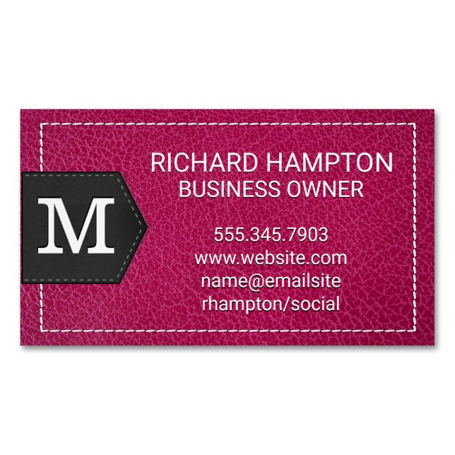 Monogram | Stitched Pink Leather and Patch Magnetic Business Card (Front)