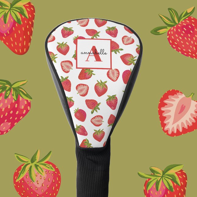 Monogram Strawberry Pattern Peronalized Golf Head Cover (Fun strawberry print golf head cover - personalize with your name & initials for a custom golf gift.)