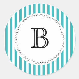 Monogram Stripe Ruffle Teal Vintage Class Classic Round Sticker