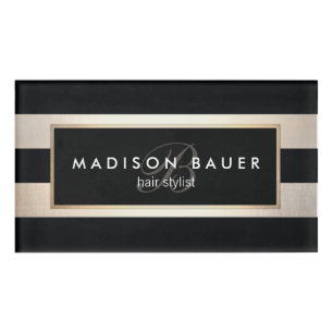 Monogram Striped Black Gold Beauty Salon Name Tag