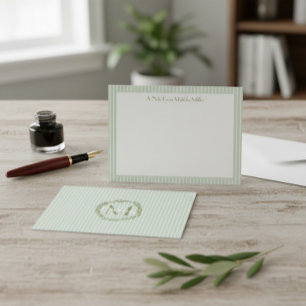 Monogram Striped Pastel Green Note Card