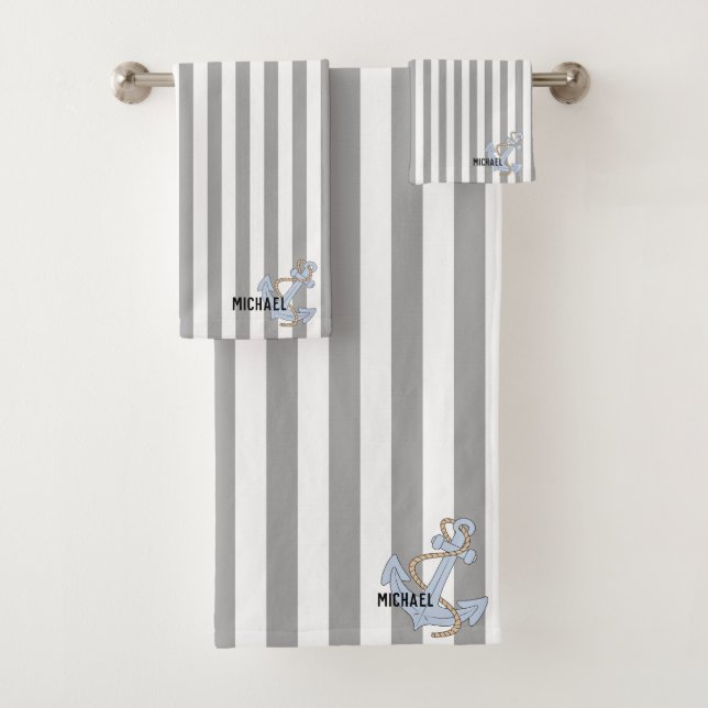 Monogram striped pattern with cute Anchor grey Bath Towel Set (Insitu)