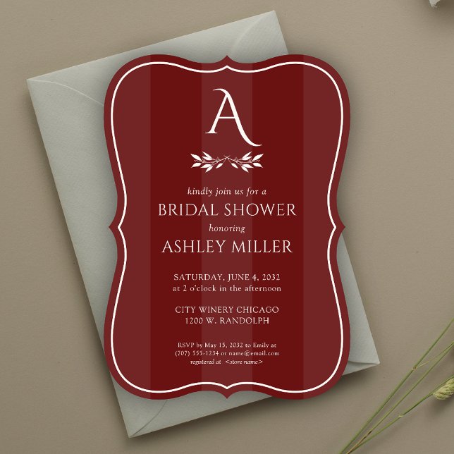 Monogram Striped Rosewood Red Bridal Shower Invitation (Creator Uploaded)