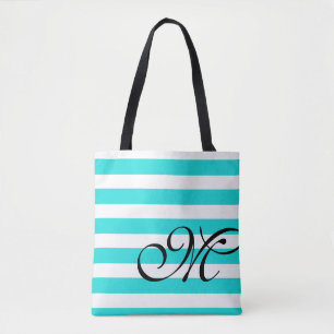 Monogram & Stripes Beach Blue Aqua Tote Bag