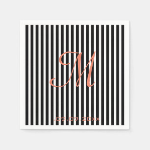 Monogram Stripes Black White Celebration Party Napkin