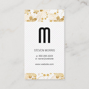Monogram Stripes Gold Floral Pattern Business Card
