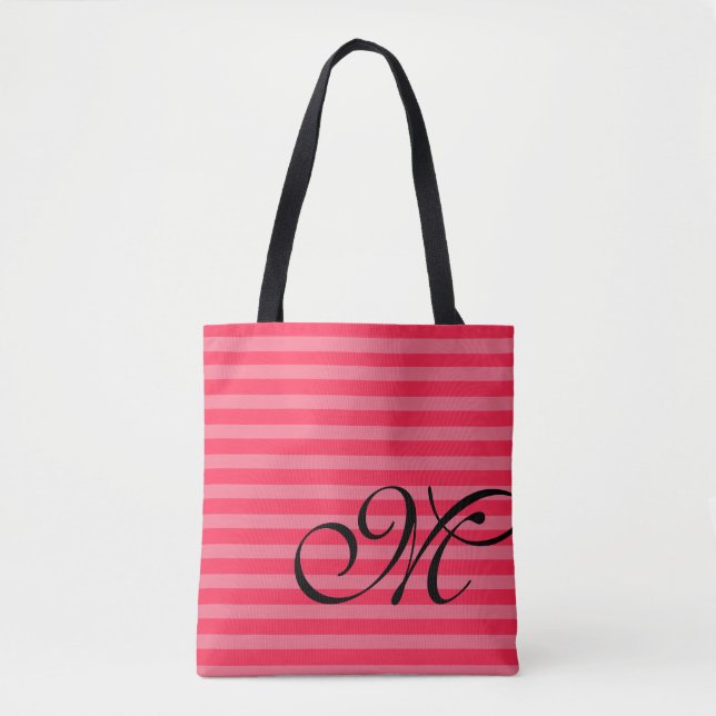Monogram & Stripes Light & Hot Pink Tote Bag (Front)