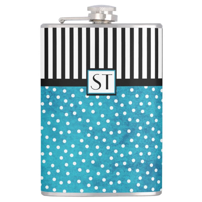 Monogram Stylish Blue Polka Dot Black Stripes Hip Flask (Front)