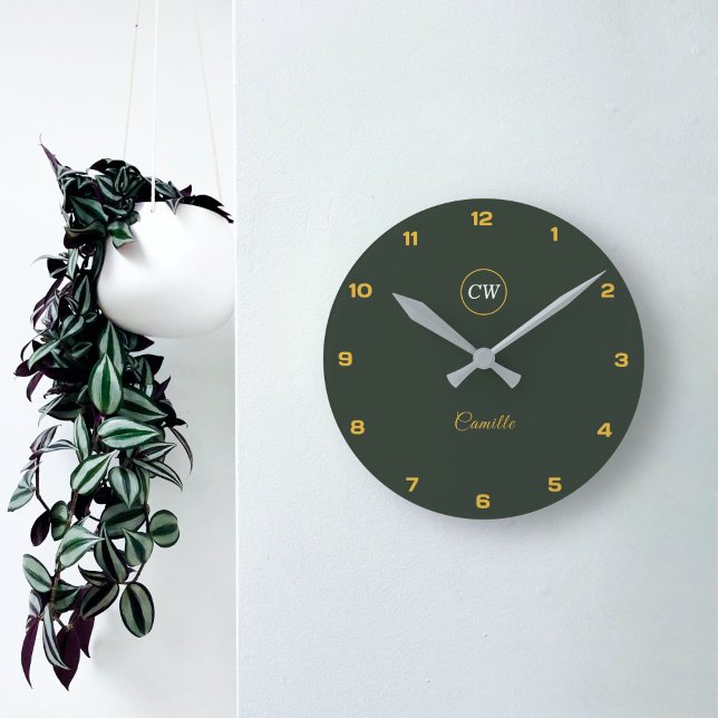 Monogram Stylish Gold & Forest Green  Round Clock (Monogram Stylish Gold & Forest Green Round Clock)