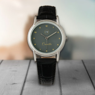 Monogram Stylish Gold & Forest Green Watch