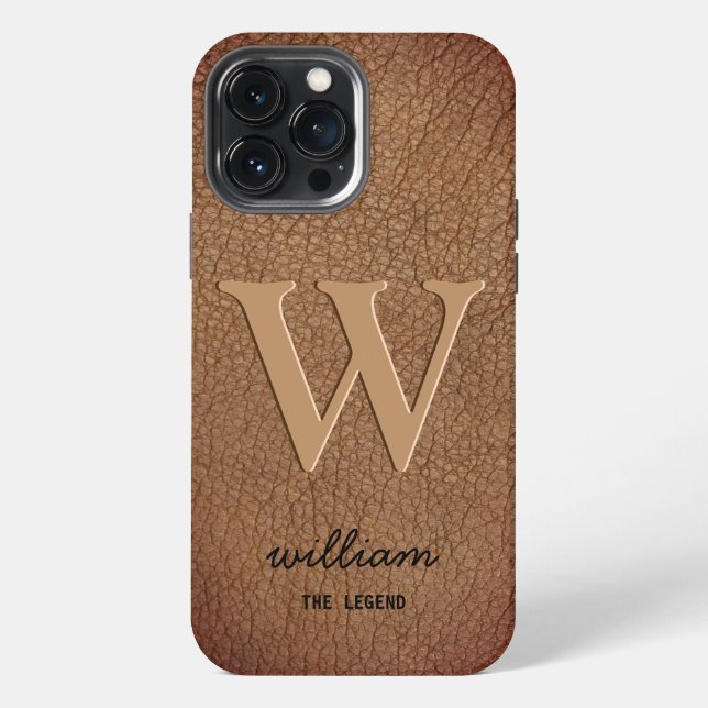 Monogram stylish gold script name brown leather iPhone case (Back)