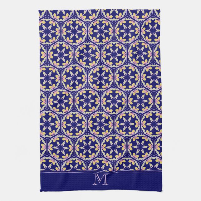 Monogram Stylish Indigo Spanish Mediterranean Tile Tea Towel (Vertical)