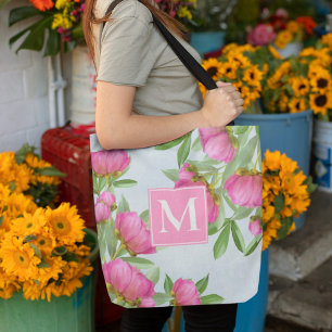 Monogram Stylish Initial Pink Watercolor Flowers Tote Bag