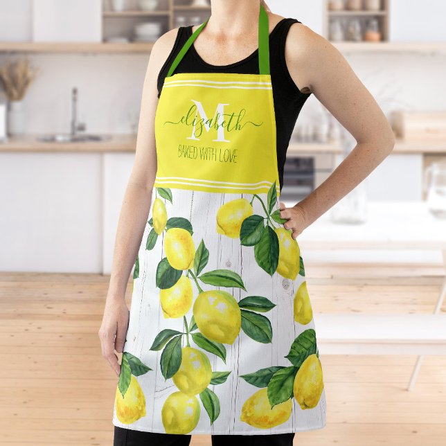 Monogram stylish lemons watercolor on rustic wood apron (Creator Uploaded)