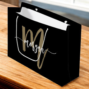 Monogram Stylish Modern Black Gold Large Gift Bag
