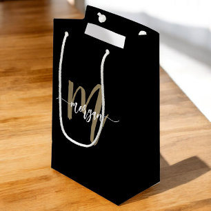 Monogram Stylish Modern Black Gold Small Gift Bag