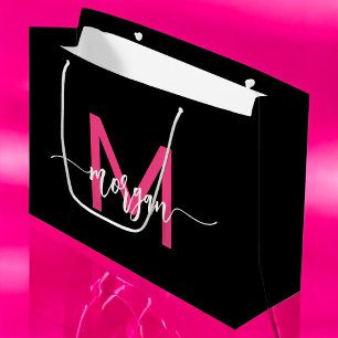 Monogram Stylish Modern Black Hot Pink Large Gift Bag