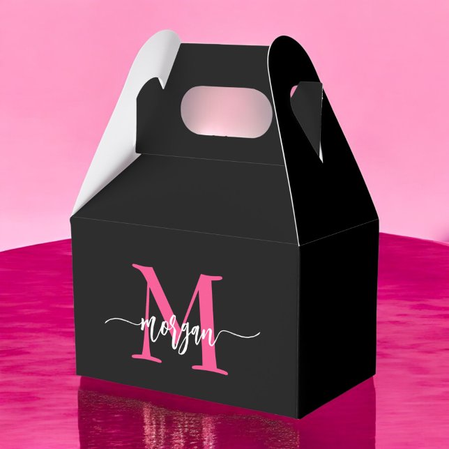 Monogram Stylish Modern Hot Pink Black Favour Box (Creator Uploaded)