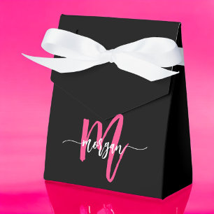 Monogram Stylish Modern Hot Pink Black Favour Box