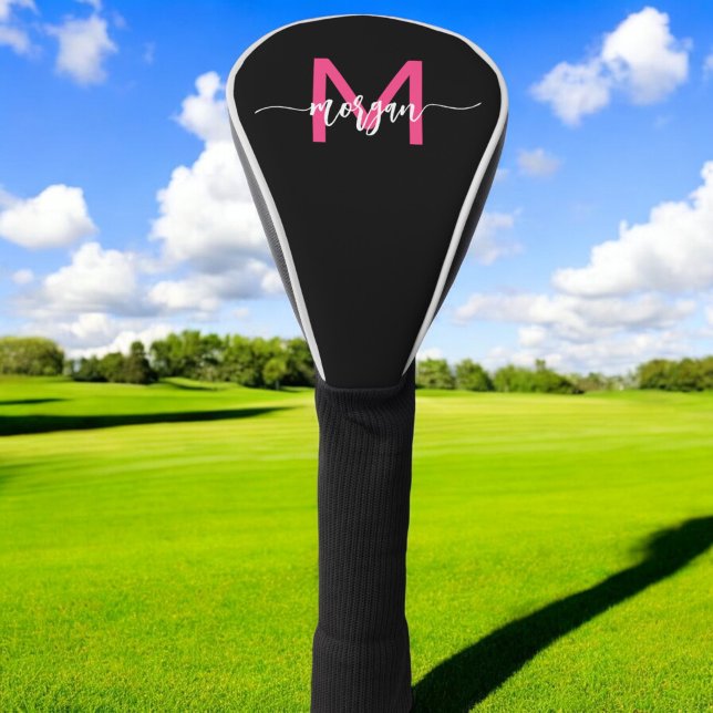 Monogram Stylish Modern Hot Pink Black Golf Head Cover (Creator Uploaded)