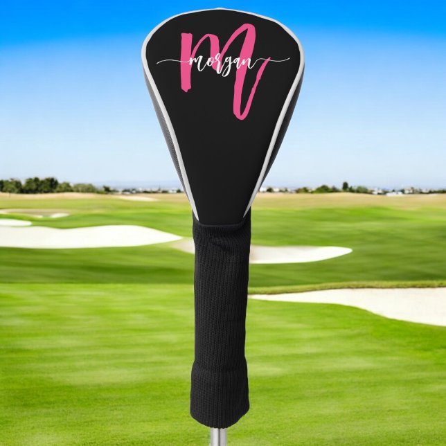 Monogram Stylish Modern Hot Pink Black Golf Head Cover (Creator Uploaded)