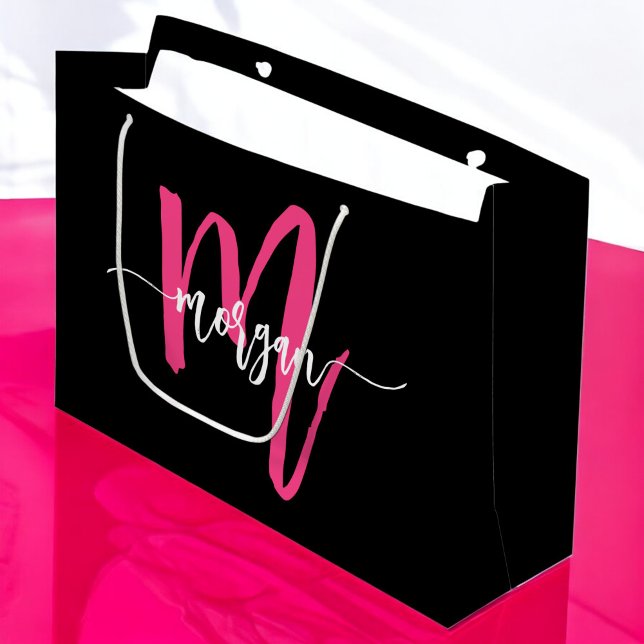 Monogram Stylish Modern Hot Pink Black Large Gift Bag (Creator Uploaded)